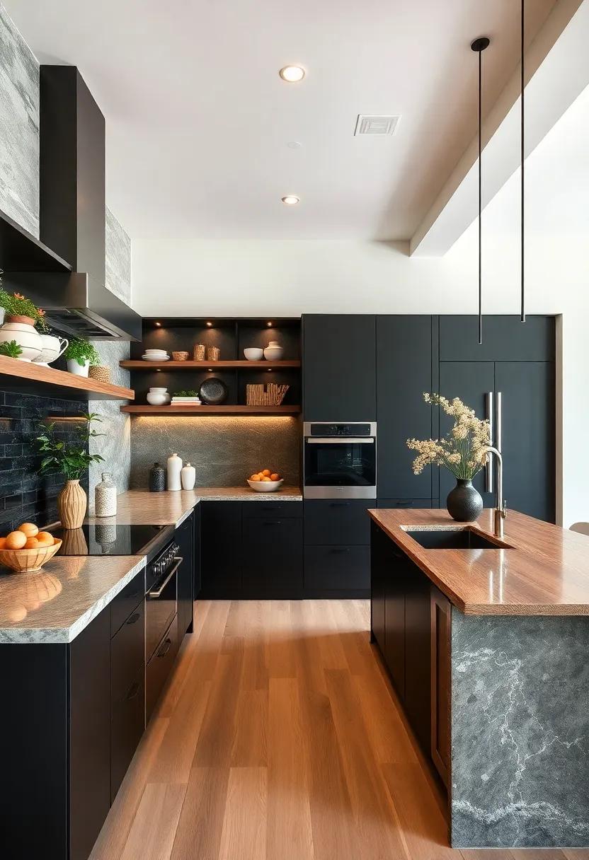 Unique Shapes: Design a countertop with curved edges or an unusual shape, softening the dramatic impact of the black cabinets while adding intrigue