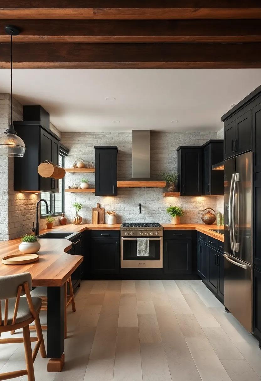 Rustic Charm: Use reclaimed wood for the countertop, fostering an inviting, rustic vibe that pairs beautifully with modern black cabinetry