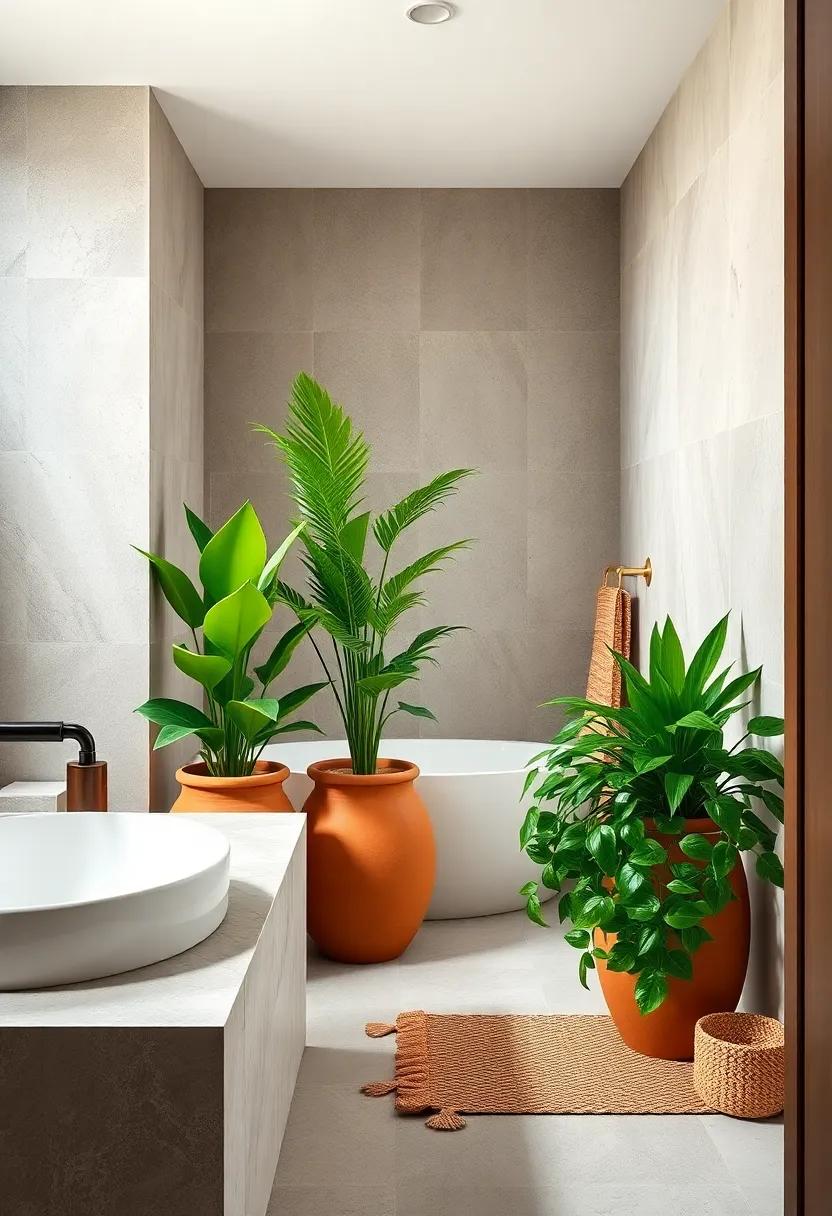 Embrace earthy elegance with terracotta planters holding lush‌ greenery to⁤ bring life to your boho bathroom