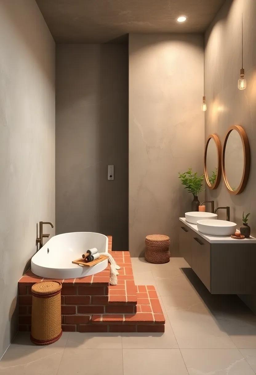 Design‌ a step-up platform using terracotta bricks for a creative touch in an oversized bathroom