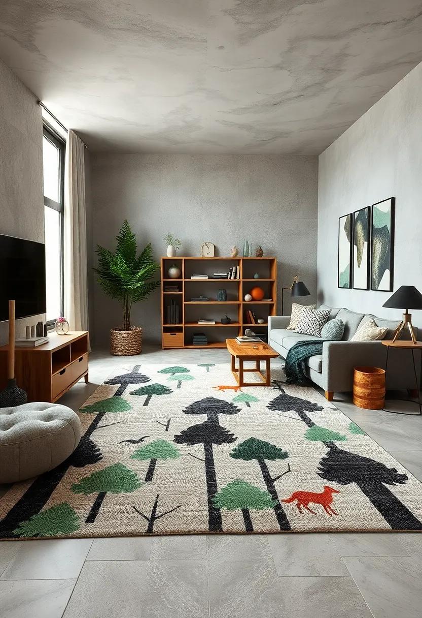 Forest-Themed Rug: With trees and woodland ​creatures, this nature-inspired design can create a serene and calming haven