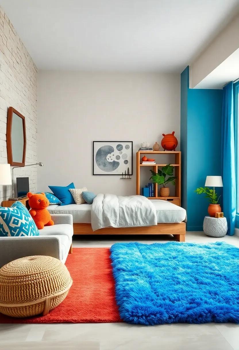 Vibrant Blue Plush Area Rug: This soft, fluffy rug adds a splash of color to the room while providing a cozy spot for playtime or ​lounging
