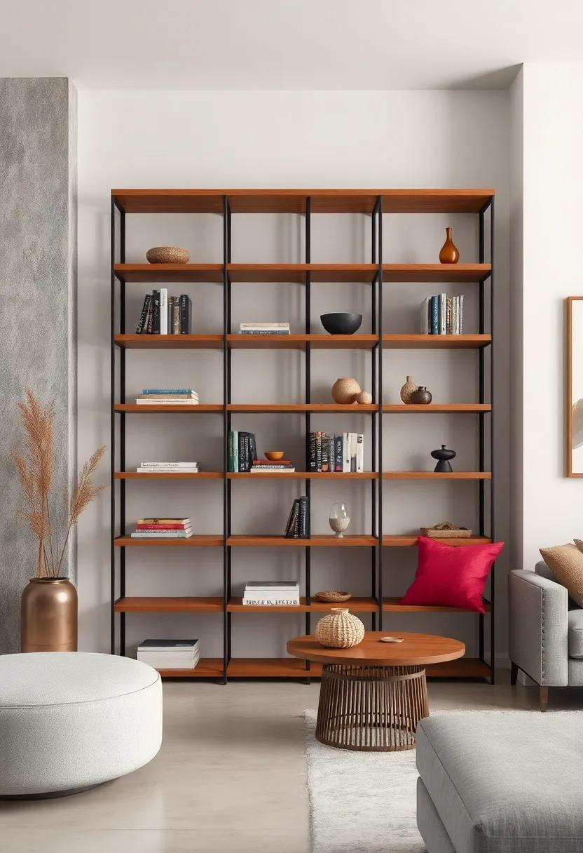 Artsy Aesthetics: An artistic bookcase with sculptural metal supports and eclectic wooden shelves, perfect for displaying both literature and artwork