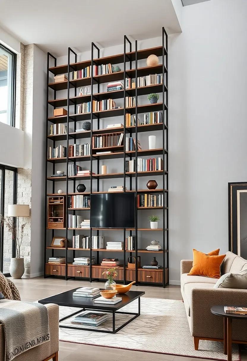 Bold and Beautiful: A towering design that melds dark stained wood with raw metal, creating a beautiful contrast that draws the eye upward