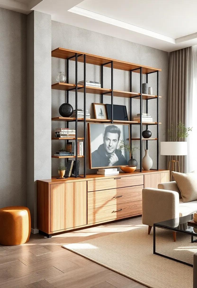 Console Cleverness: This unique hybrid combines a console table and bookcase with clean lines and a mix of wood and metal, ideal for multifunctional spaces