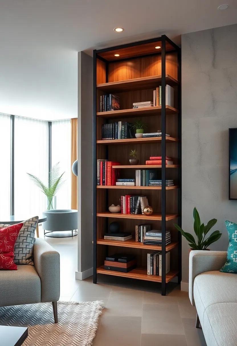 Corner Convenience: Maximize your space with a stunning corner bookcase made of rich wood and industrial metal angles, perfect for showcasing your favorite reads