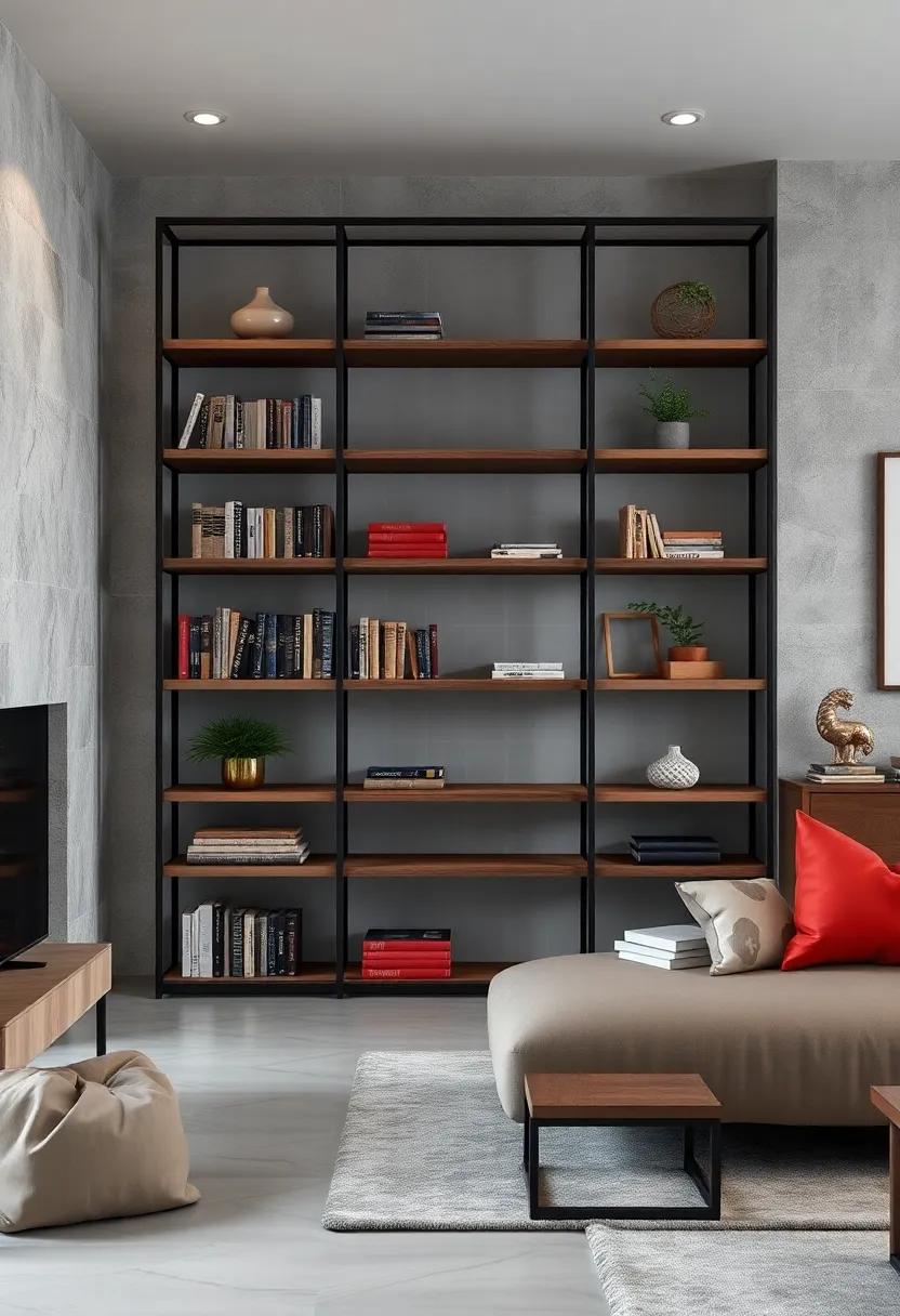 Dark and Dramatic: A striking black metal frame holds deep wooden shelves, crafting an intense focal point that can anchor any room
