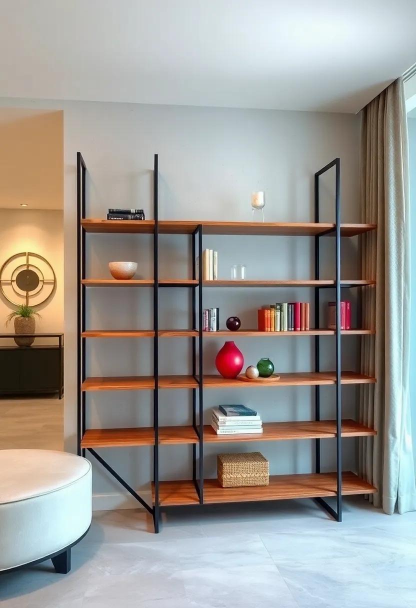 Geometric Wonder: A uniquely designed bookcase with asymmetrical wooden shelves balanced on striking angular metal frames for a bold statement piece