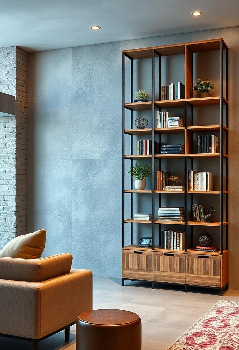 Multi-function Marvel: Combining storage with style, this bookcase features integrated drawers and cubby spaces in a striking wood and metal design