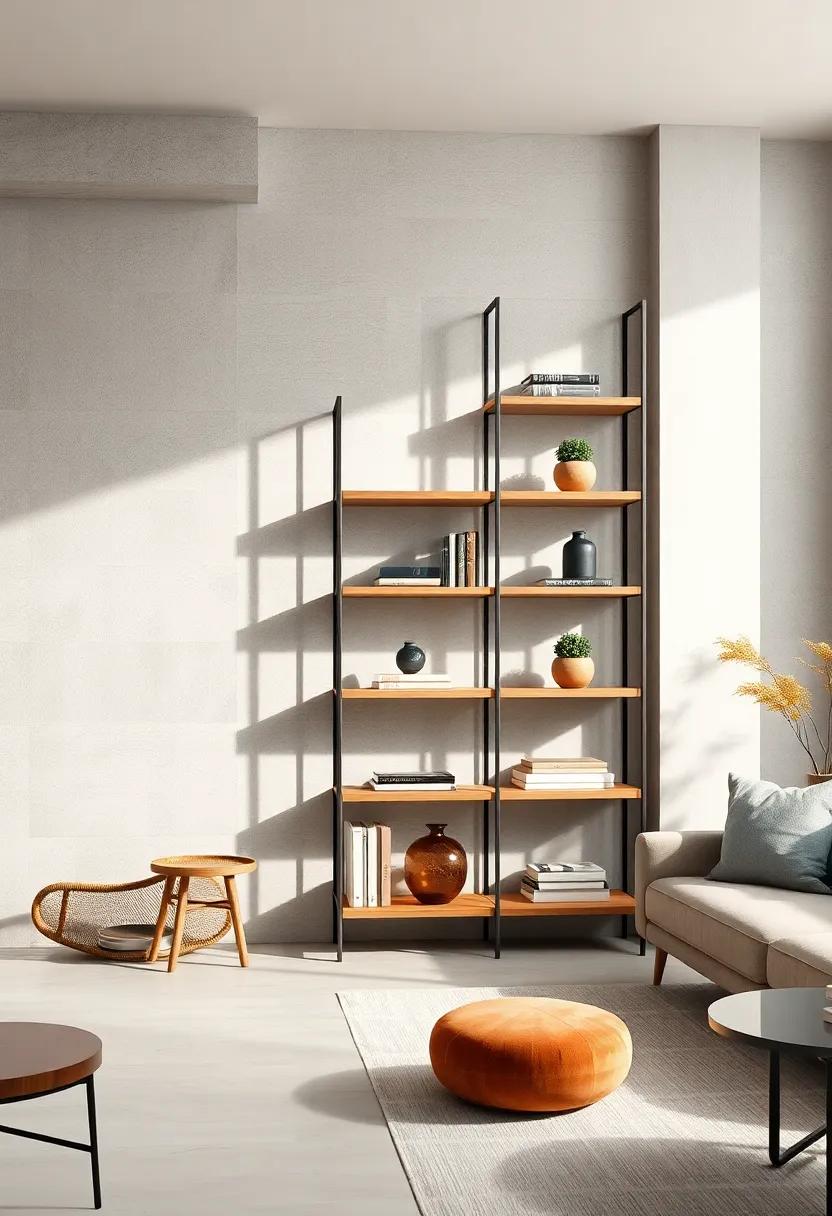 Sleek Lines: A compact, ladder-style bookcase with smooth wooden shelves and a slender metal frame offers a chic solution for smaller spaces