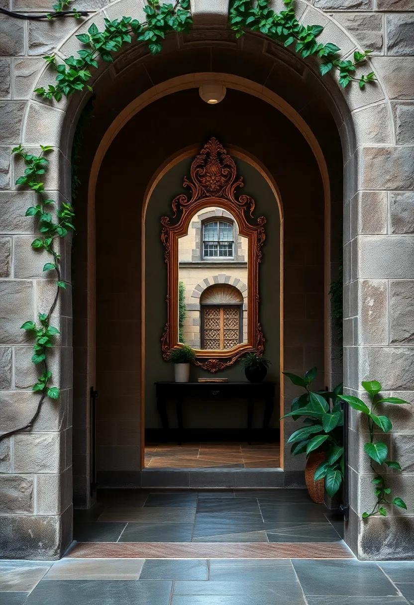 A majestic stone archway framed ⁢by ‍creeping⁣ ivy, featuring⁤ an ornate gilded mirror ​that reflects the‍ intricate details of the surrounding architecture