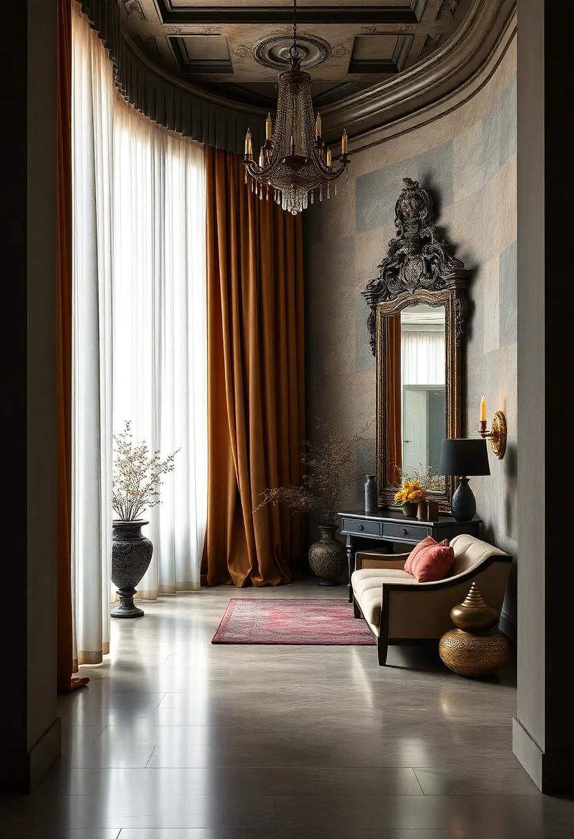A luxurious,elaborately detailed entrance⁤ with​ rich‌ velvet curtains,accentuated by a massive vintage ⁢mirror ⁤that adds grandeur to the setting