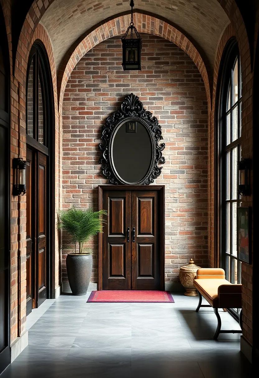A​ Gothic revival entrance⁢ crafted‌ from dark mahogany,‍ showcasing a baroque-style ⁣mirror that hangs in perfect juxtaposition ‌to the aged brick⁣ wall