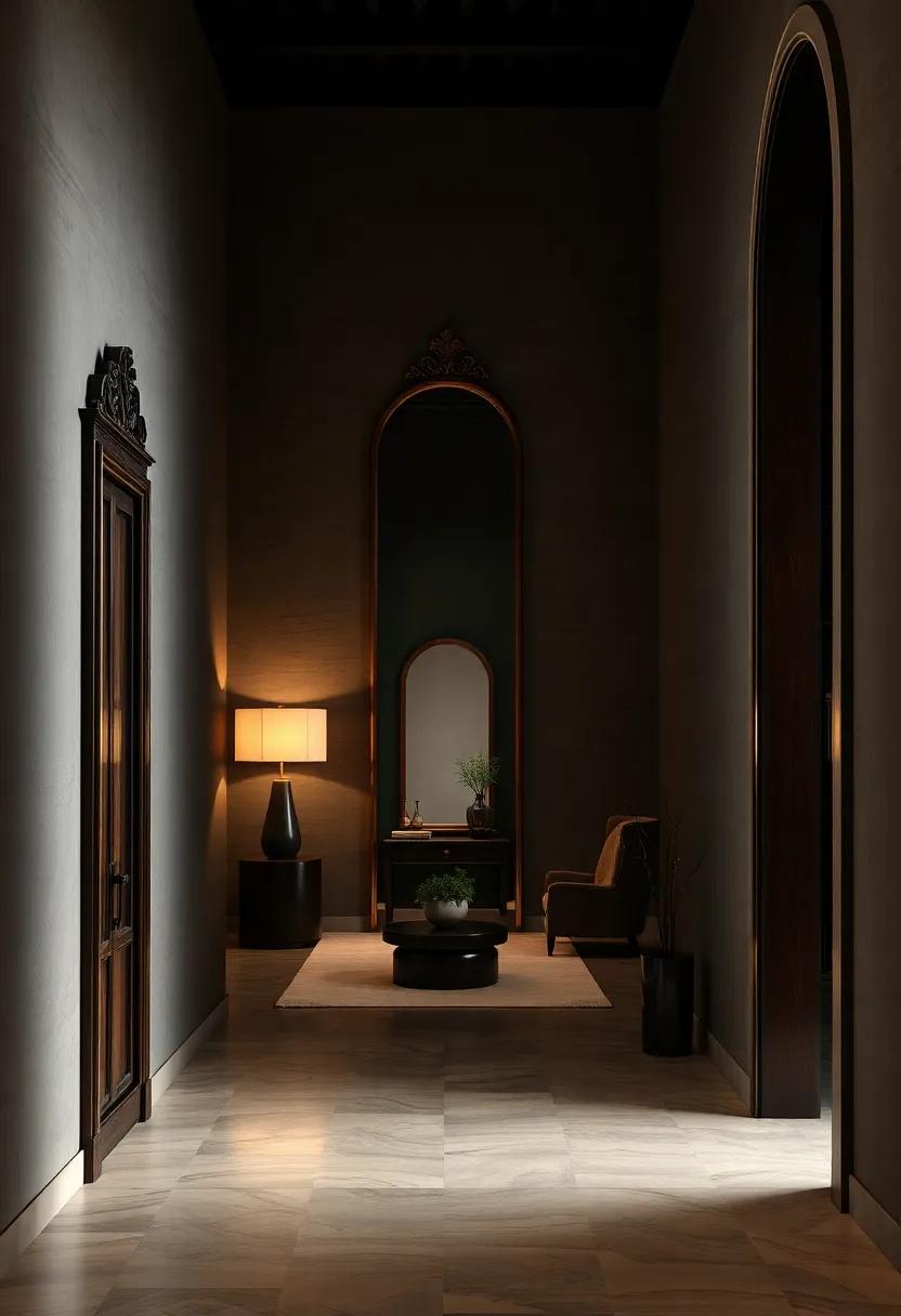 An elegant, tall entrance from a secluded library, with a minimalist ​mirror that allows⁢ the ‍soft,⁣ ambient light to ‍dance across​ the room