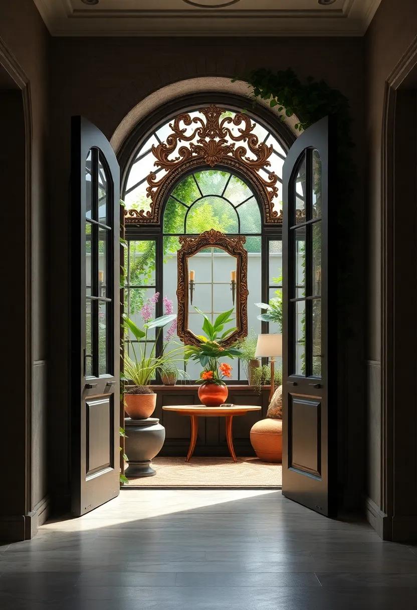 An ivy-clad door ‌to⁤ a stunning ​conservatory, boasting an ornate antique​ mirror that ‌invites you to step into ​a ‍world of botanical beauty