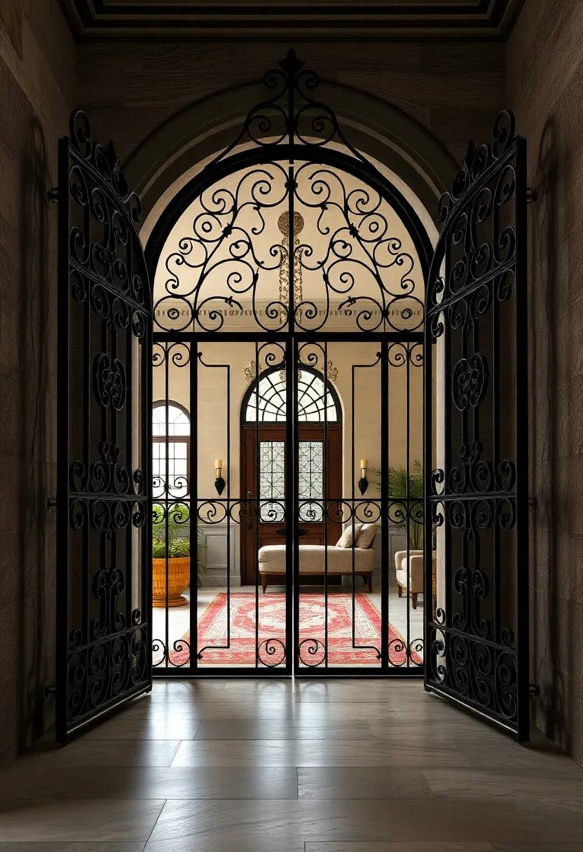 An elaborate ⁤wrought-iron​ gate leading to an‌ estate, paired with a large, cracked mirror‌ that tells tales of ‍time gone by while​ reflecting the grandeur ahead