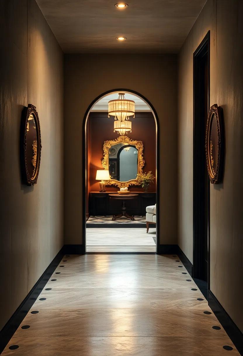 A ⁤narrow ⁣stone passageway leading ⁢to an old‍ chapel, with a ‌decorative ⁤mirror hanging‌ whimsically askew, casting charming shadows ‍on​ the walls