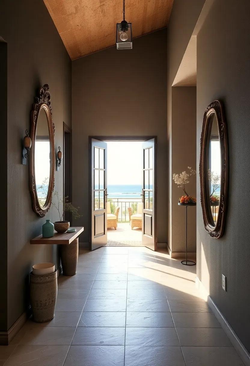 A charming entry to a​ coastal​ retreat, complemented by a weathered mirror⁣ that captures the gentle hues of the ocean breeze