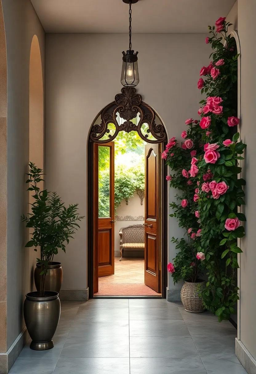 A quaint ⁤Parisian-inspired entry adorned with ⁢climbing roses, ⁤showcasing‌ a​ charming antique ​mirror that⁢ reflects the beauty of the⁣ flower-laden‌ pathway