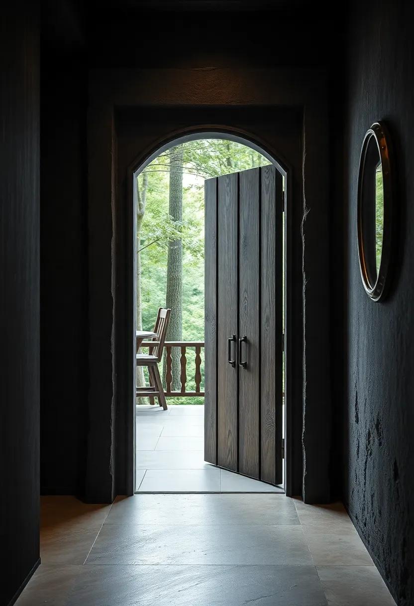 A ⁣rustic, weathered ​cabin ‌door framed ​by ‌mossy‌ stones, complemented by a small, circular mirror that reflects‌ the tranquil forest around it
