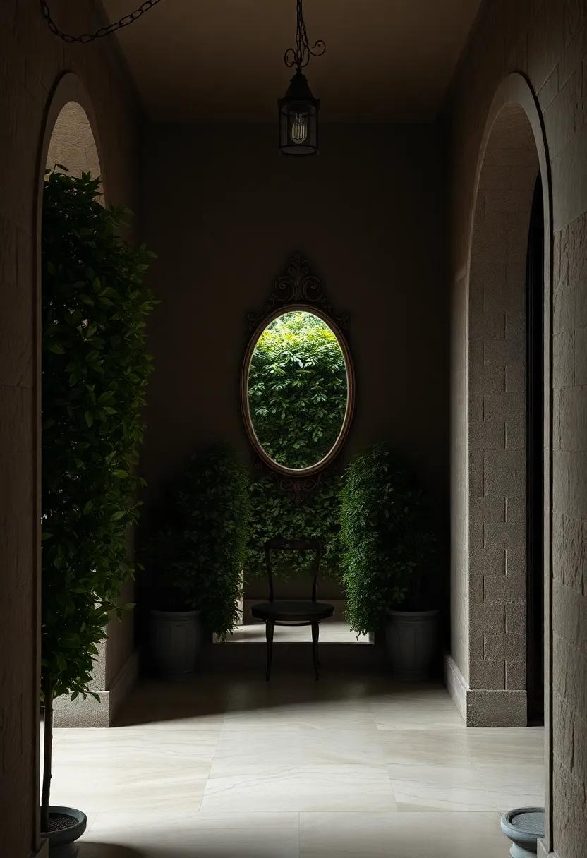 A⁤ hidden garden entrance framed by⁢ lush hedges, featuring a ​whimsical‌ mirror that blends with nature, reflecting dappled ⁤light and intrigue