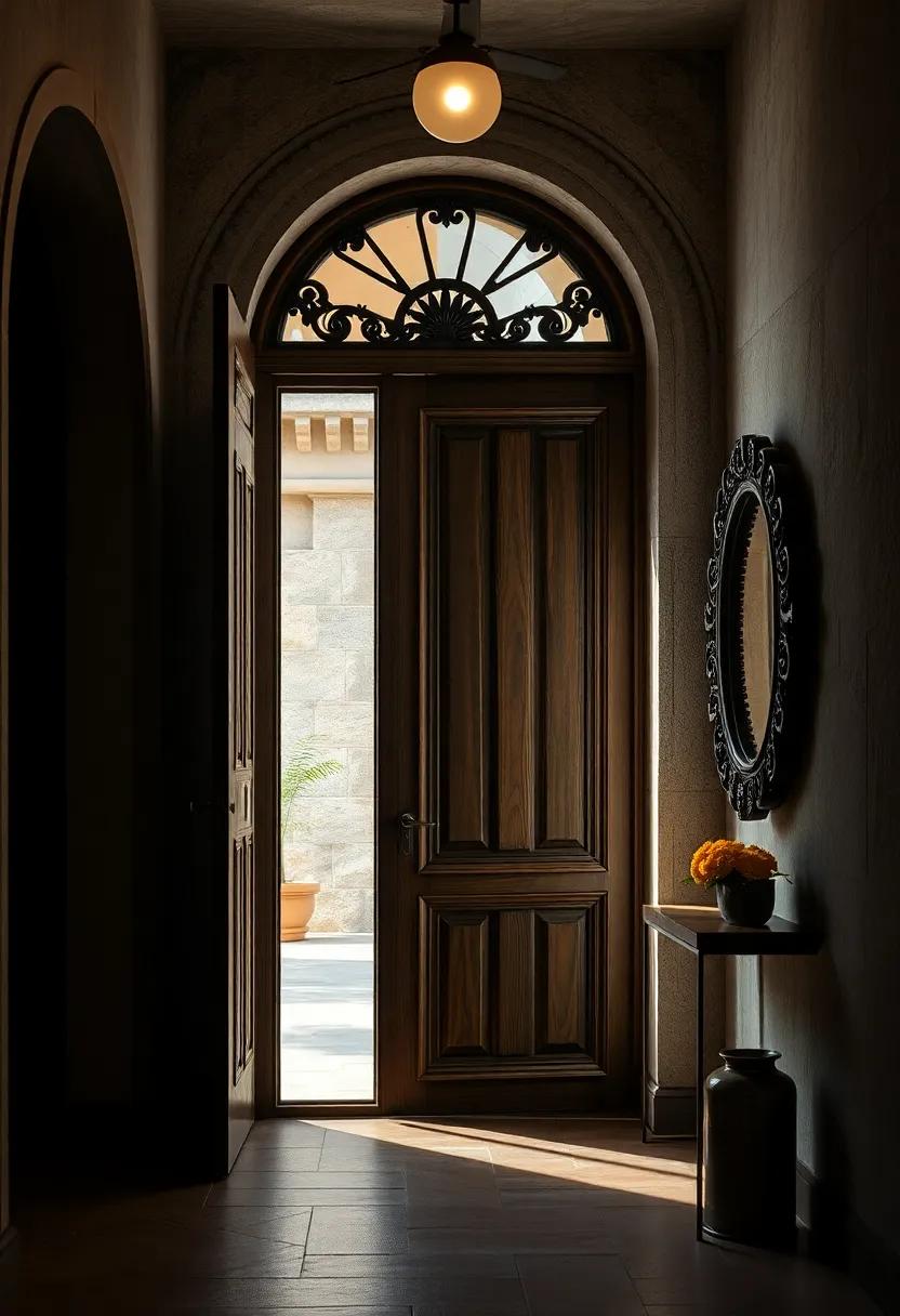 A wooden door⁢ with⁤ intricate ‌carvings, accompanied by a‍ rustic ⁣mirror that reflects the moonlight, enhancing⁢ the building's​ historic charm
