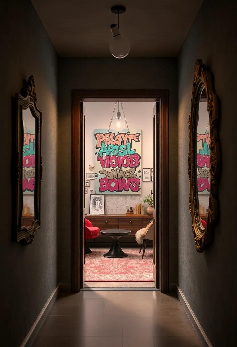 A secretive doorway ‍to an‍ artist’s‍ studio, ​framed by whimsical‍ graffiti artwork, highlighted by ⁣a mirror that reflects ‍creative chaos and inspiration
