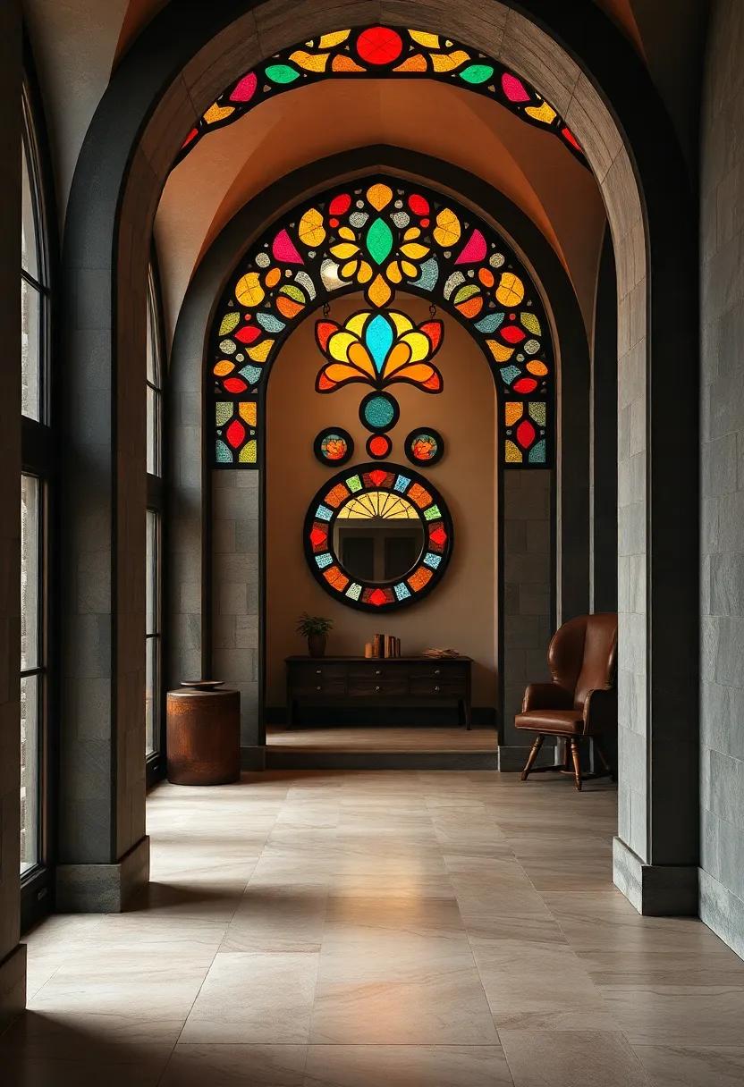 A captivating archway covered in colorful‌ stained⁣ glass, ‍boasting an antique round ⁤mirror ⁢that creates a kaleidoscope ⁢of reflections every ⁣morning