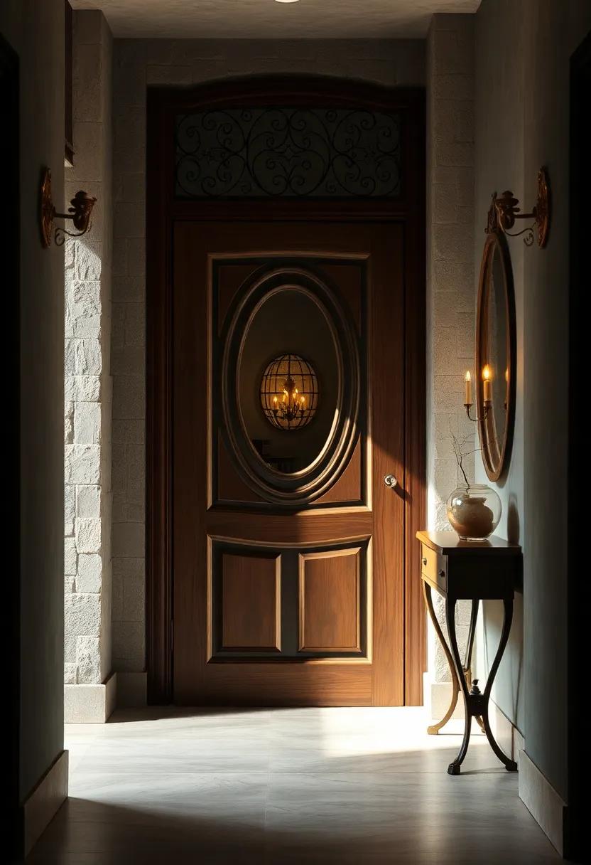 An inviting wooden ‍door ⁤embellished with ⁣ironwork,⁤ paired‍ with a vintage oval mirror that captures the warm glow of flickering candlelight from within