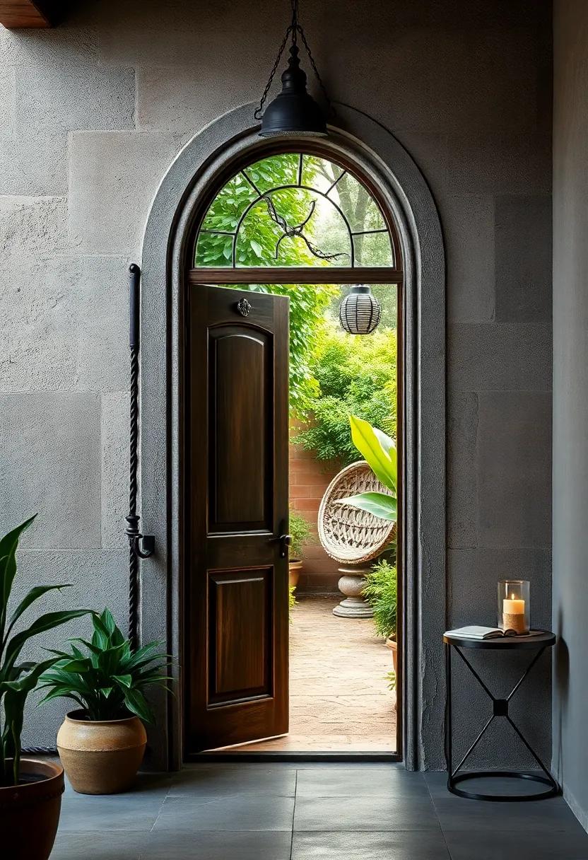 A quaint door ‌to a hidden⁣ garden, adorned with a distressed ⁢antique mirror ​that plays ‌tricks on the eye, distorting ⁤the lush greenery beyond