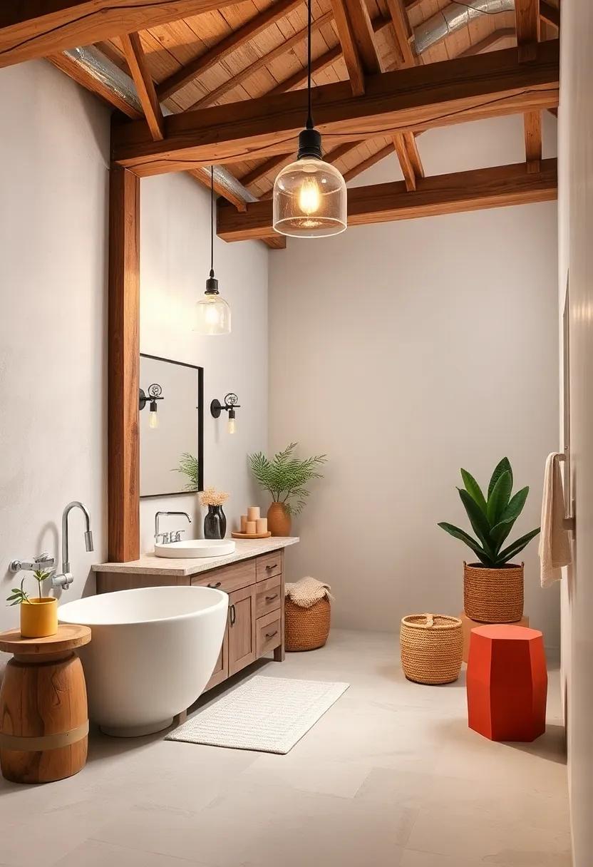 Wooden Beams with Hanging Lights: Install hanging lights from ​wooden ‌beams for a​ cohesive look that ⁣enhances‌ the rustic character‍ of your bathroom