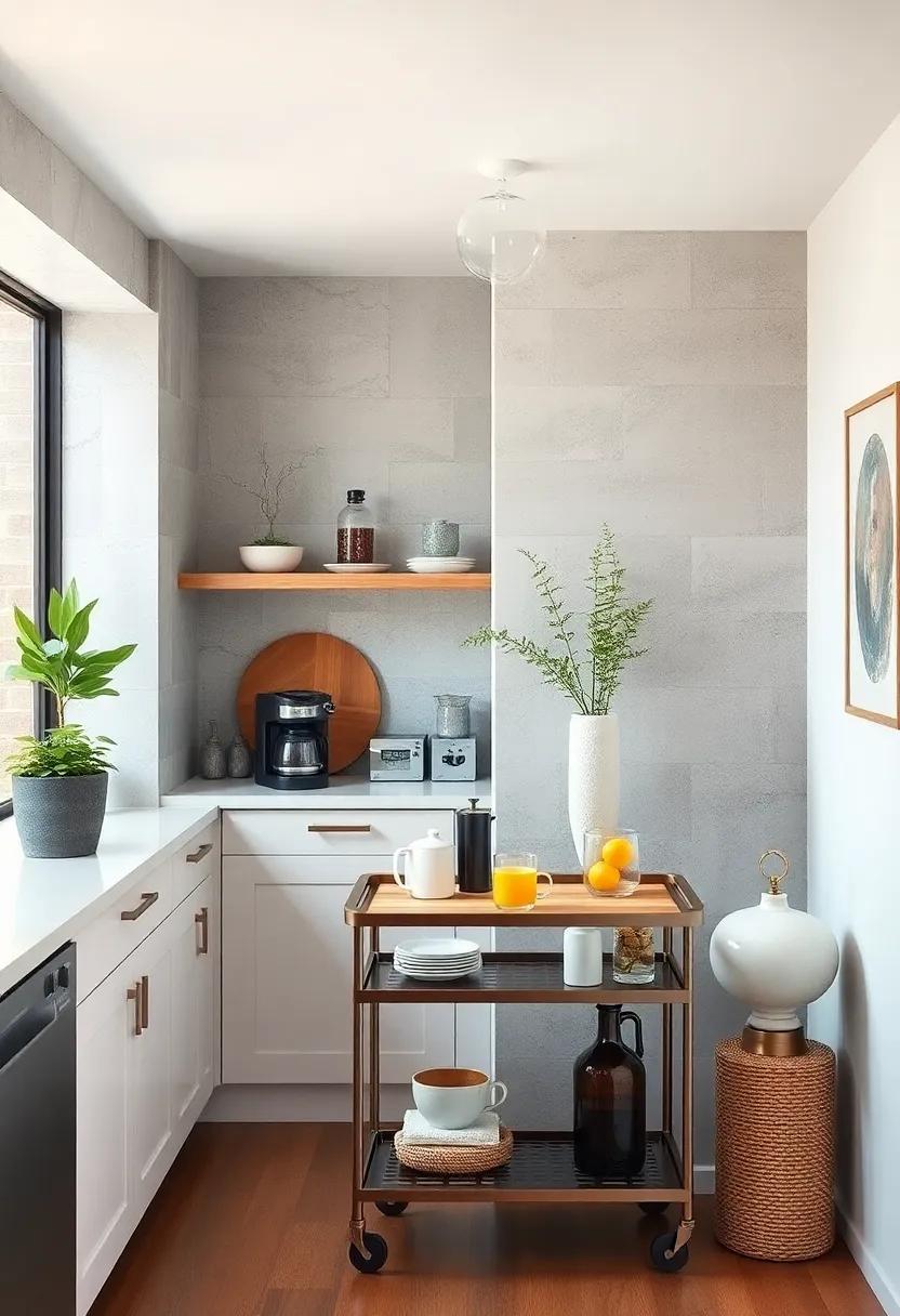 Transform a corner into a cozy coffee station with a sleek cart for easy access to your morning brew essentials