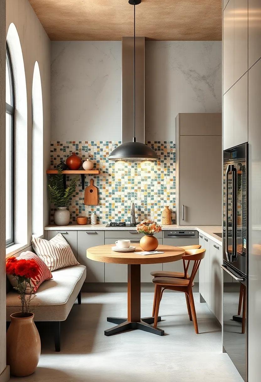 Try a mosaic backsplash behind your breakfast nook to add color and personality to small spaces