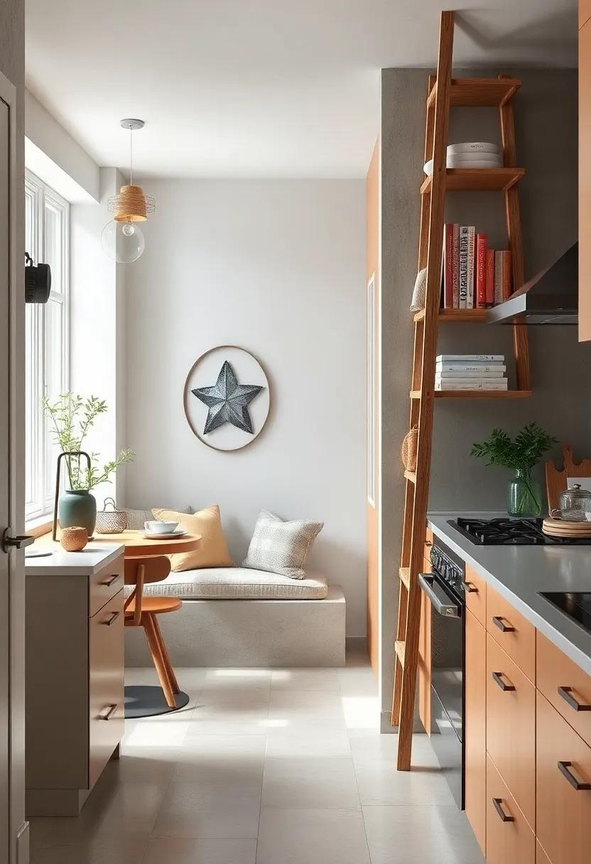 Use a vintage ladder as a unique shelf for cookbooks and decorative items, adding an eclectic touch