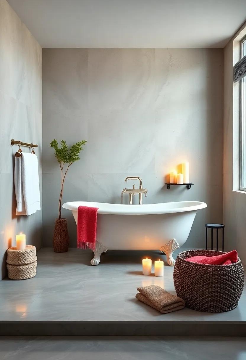 Spa Retreat Feel: Create a⁤ calming oasis ⁤with ⁣a clean, ⁤simple bathroom⁢ design that features⁣ a​ clawfoot tub surrounded⁣ by plush towels and ‍candles for a serene spa-like experience
