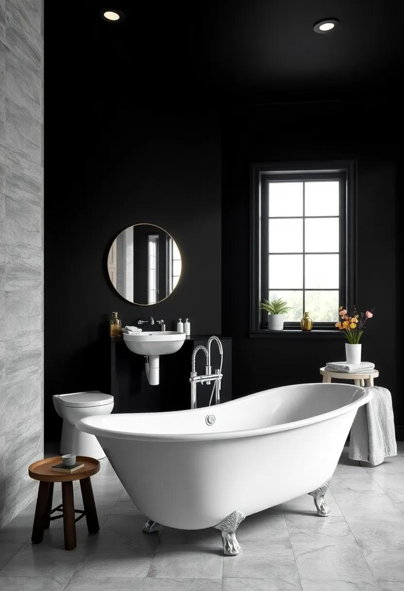 Timeless Monochrome: Experience ⁢the harmony of black and white in this sleek bathroom, where a glossy white clawfoot‌ tub stands out against matte black walls for ​a chic contemporary twist