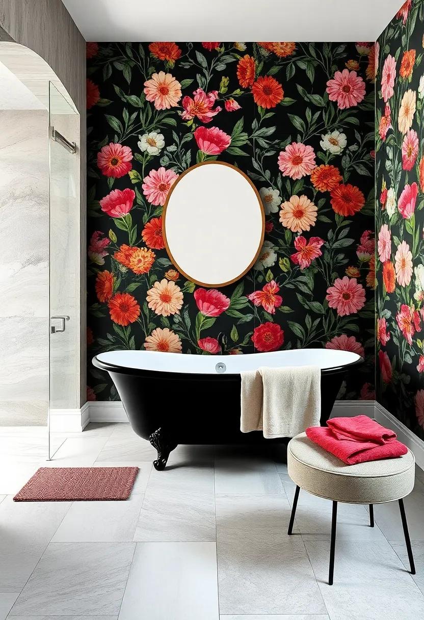 Statement Wallpaper Wonders: Explore a bathroom with bold floral wallpaper that serves as a stunning backdrop to a sophisticated black clawfoot tub, creating a striking‌ focal point