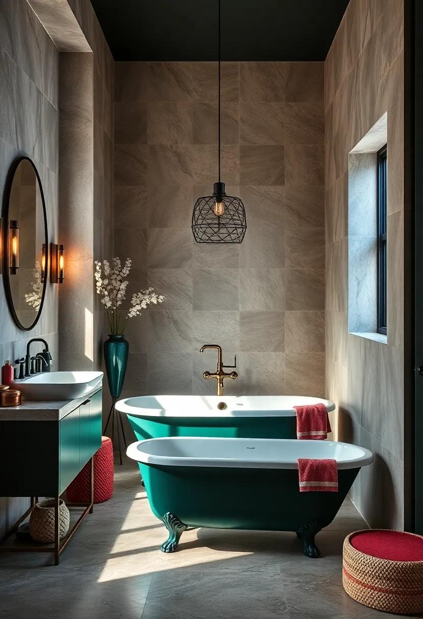 Bold Jewel Tones: Uncover a striking bathroom with ⁢a ⁣deep emerald clawfoot ⁢tub, paired with ‌rich jewel-toned accents to ⁤create a dramatic yet inviting sanctuary