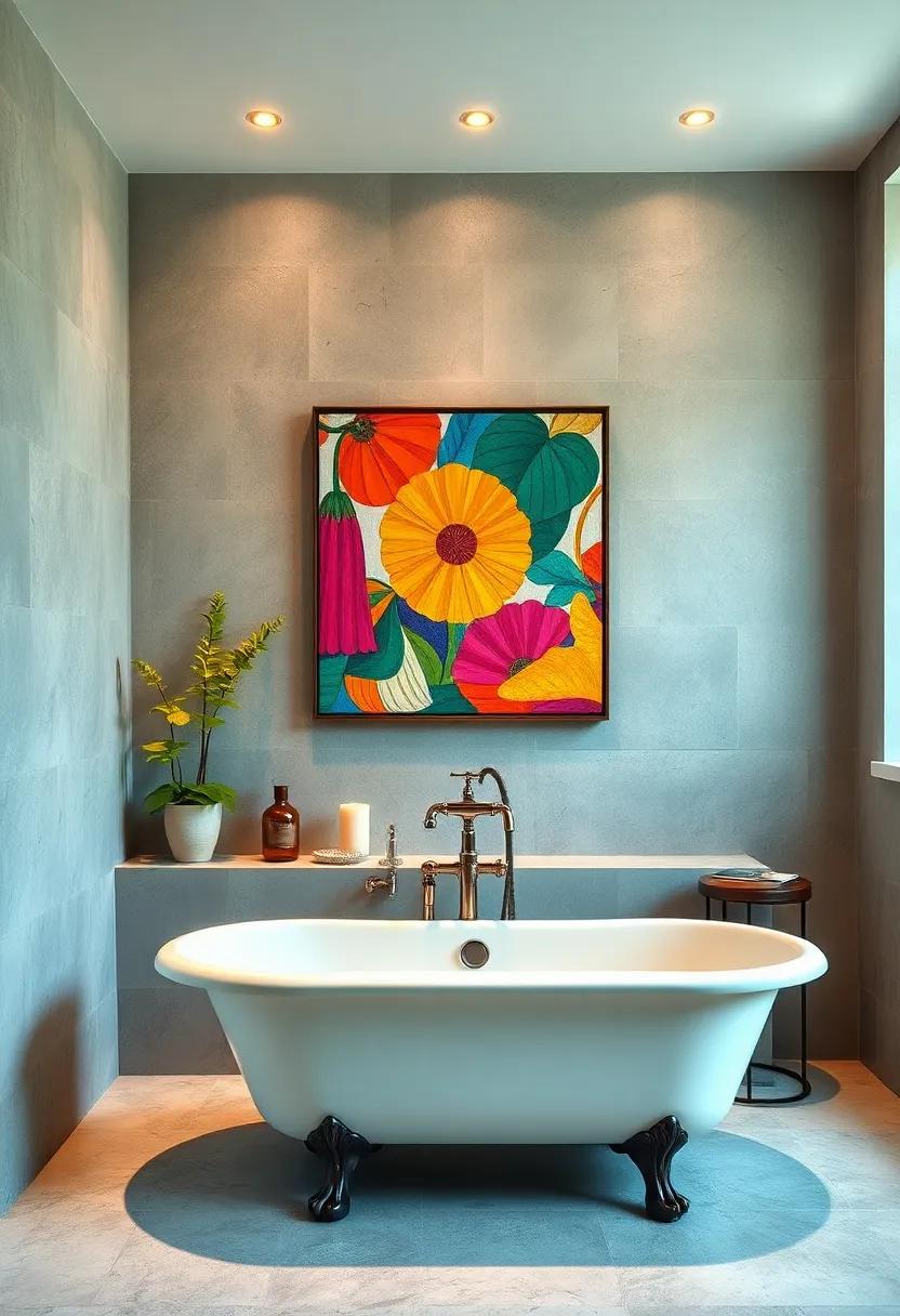 Bold Art Pieces: Explore a vibrant bathroom adorned with colorful artwork above a classic clawfoot tub, adding personality and flair to ⁤a timeless design