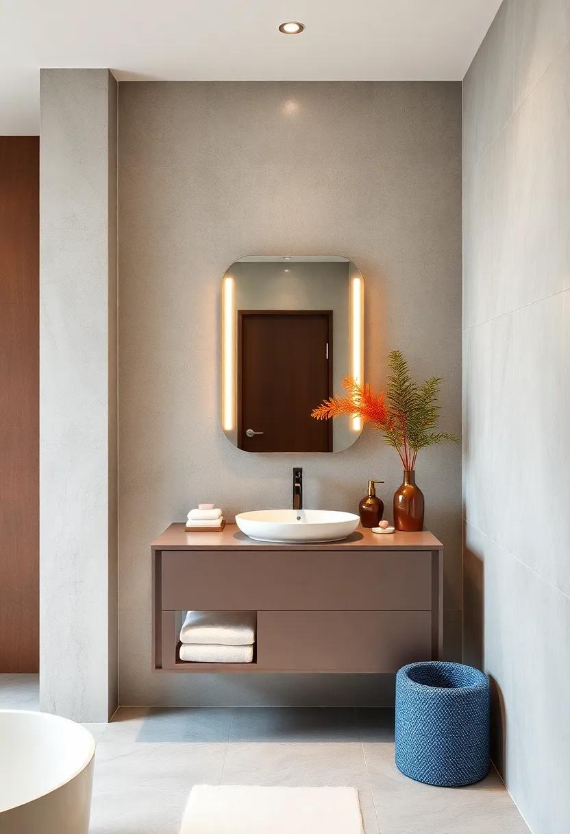 Embrace Minimalism: A sleek, wall-mounted vanity with clean lines and a simple mirror can provide a serene atmosphere, perfect for a guest bathroom
