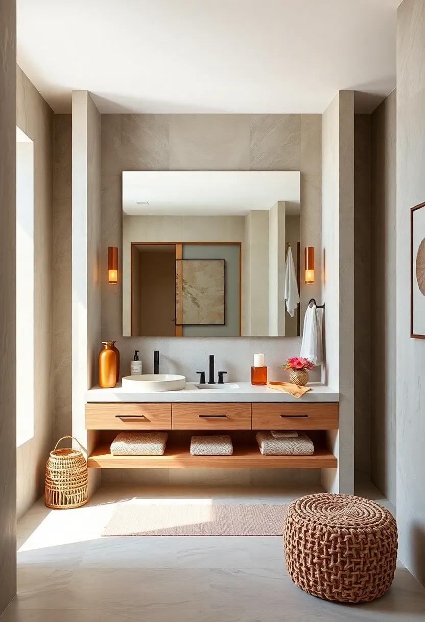 Open Concept: Consider an open vanity design with no cabinet doors, generating a relaxed and airy ambiance while displaying neatly organized items