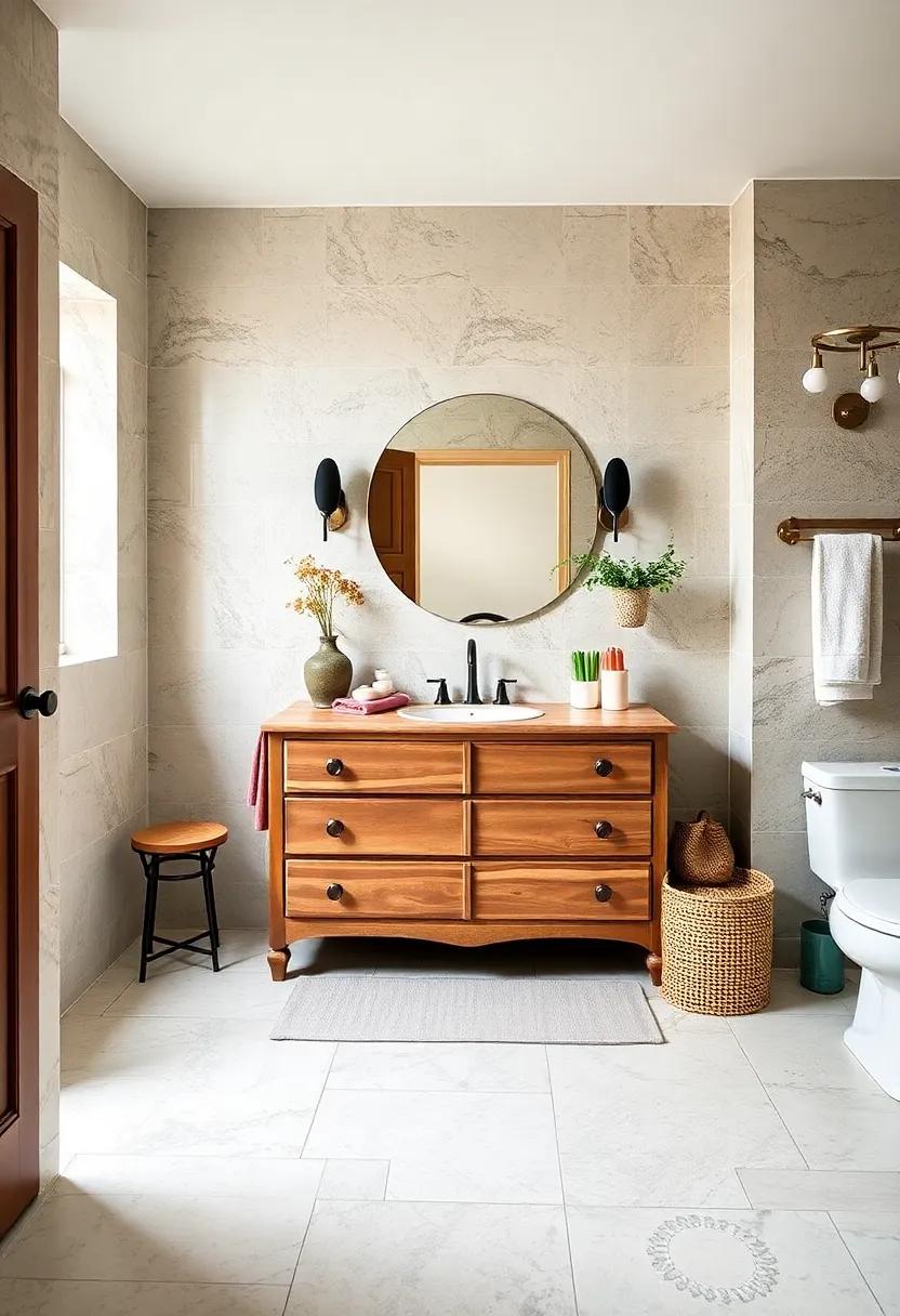Vintage Charm: Incorporate a repurposed dresser as a vanity, adding a rustic touch and bringing character to your space with unique hardware and a vintage finish