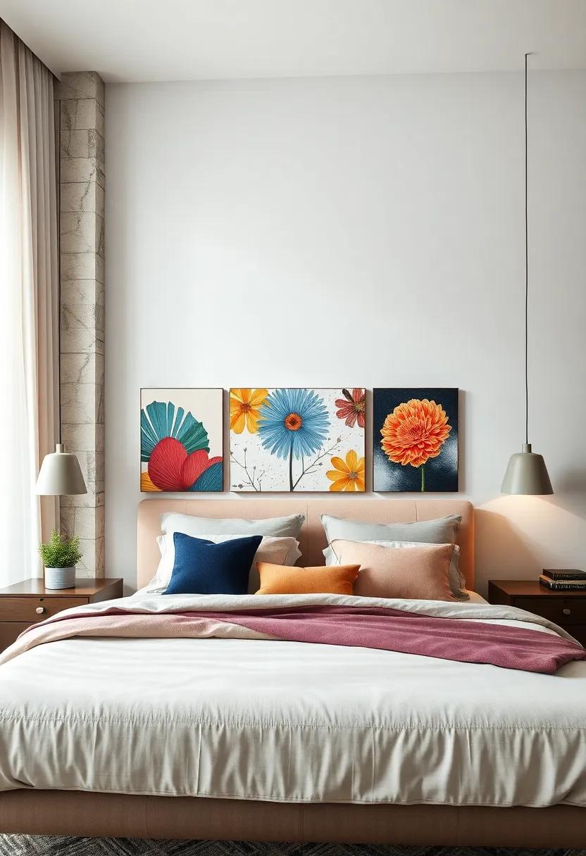 Modern Art Prints: Infuse artistic flair into your bedroom with a headboard decorated in vibrant art prints that serve as a conversation starter and focal point