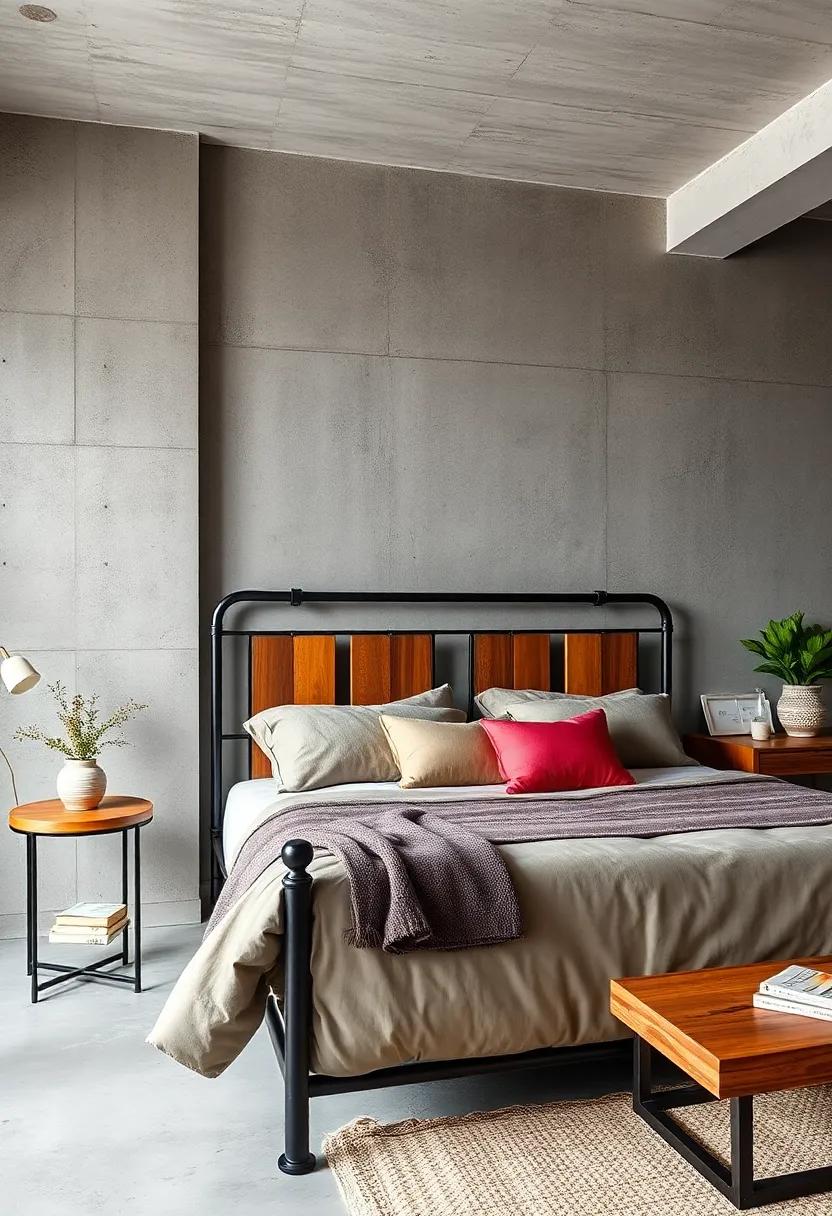 Embrace Bold Contrasts: This⁣ bedroom features a sleek metal bed frame that pairs⁤ beautifully with warm wooden accents, creating a striking juxtaposition that's both edgy and inviting