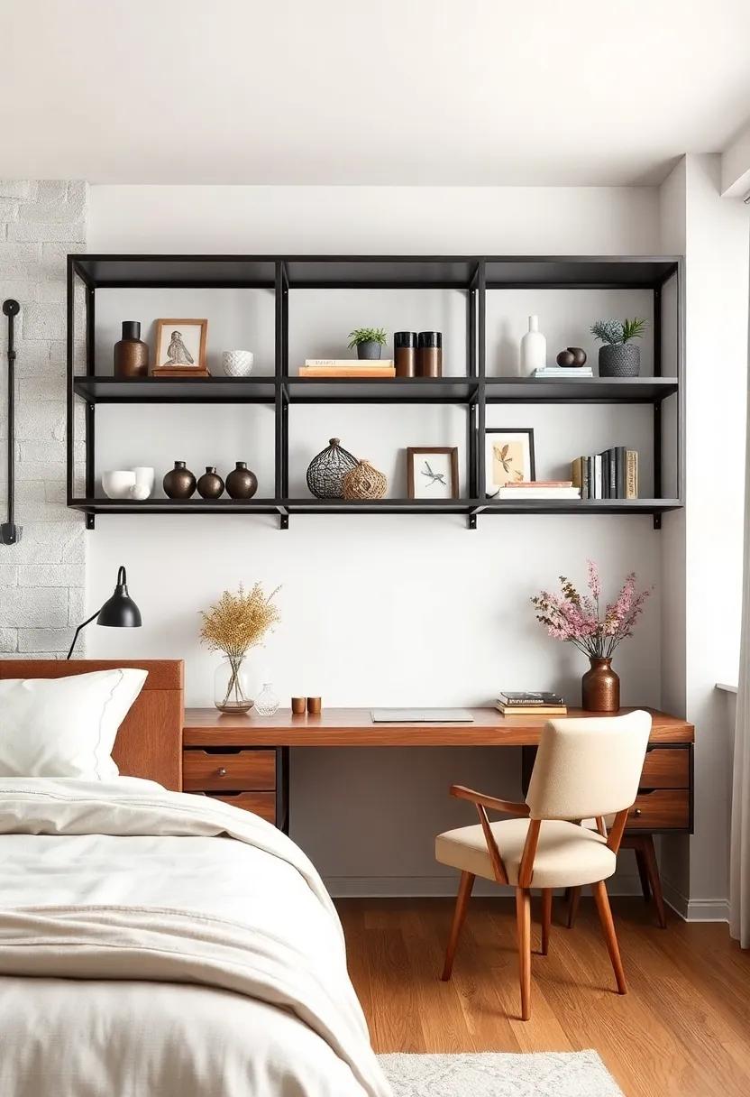 Sleek Metal shelving: Open metal shelving ⁢above a minimalistic desk displays carefully curated decor, adding a touch of industrial flair while keeping the room organized and⁣ stylish