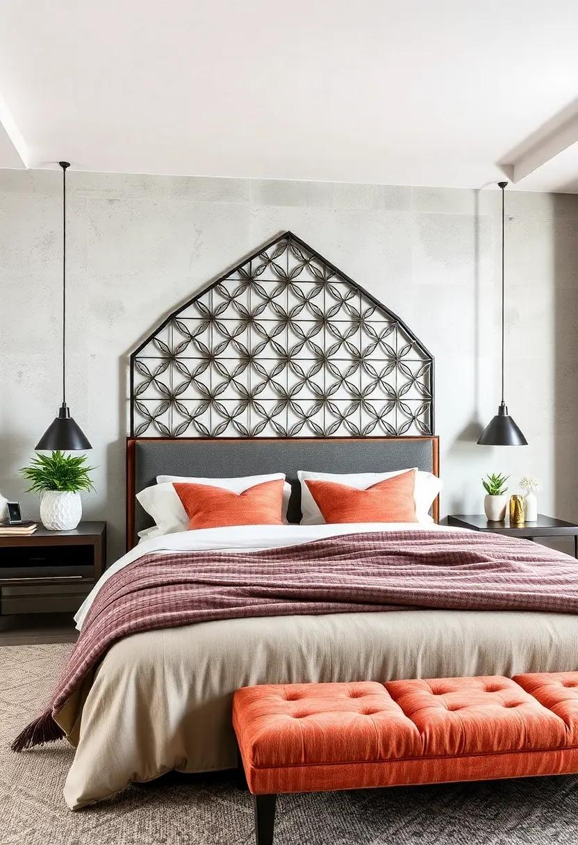 Textured‍ Metal Headboard: A custom⁤ metal headboard featuring ⁣geometric patterns makes a bold​ statement, enhancing ⁣the room's​ industrial vibe and drawing the eye upward