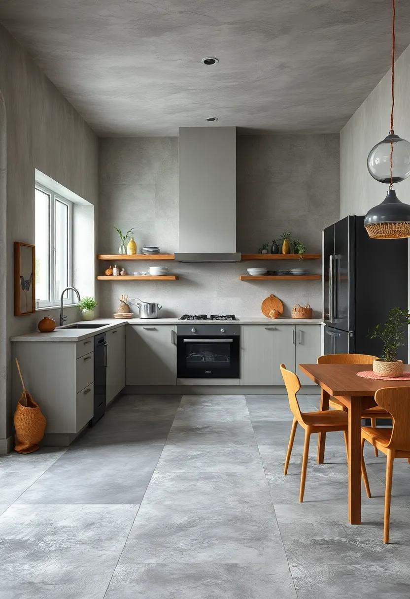 Textured Concrete Finishes: Explore the rugged beauty of textured concrete tiles that bring an industrial yet stylish vibe to your culinary space