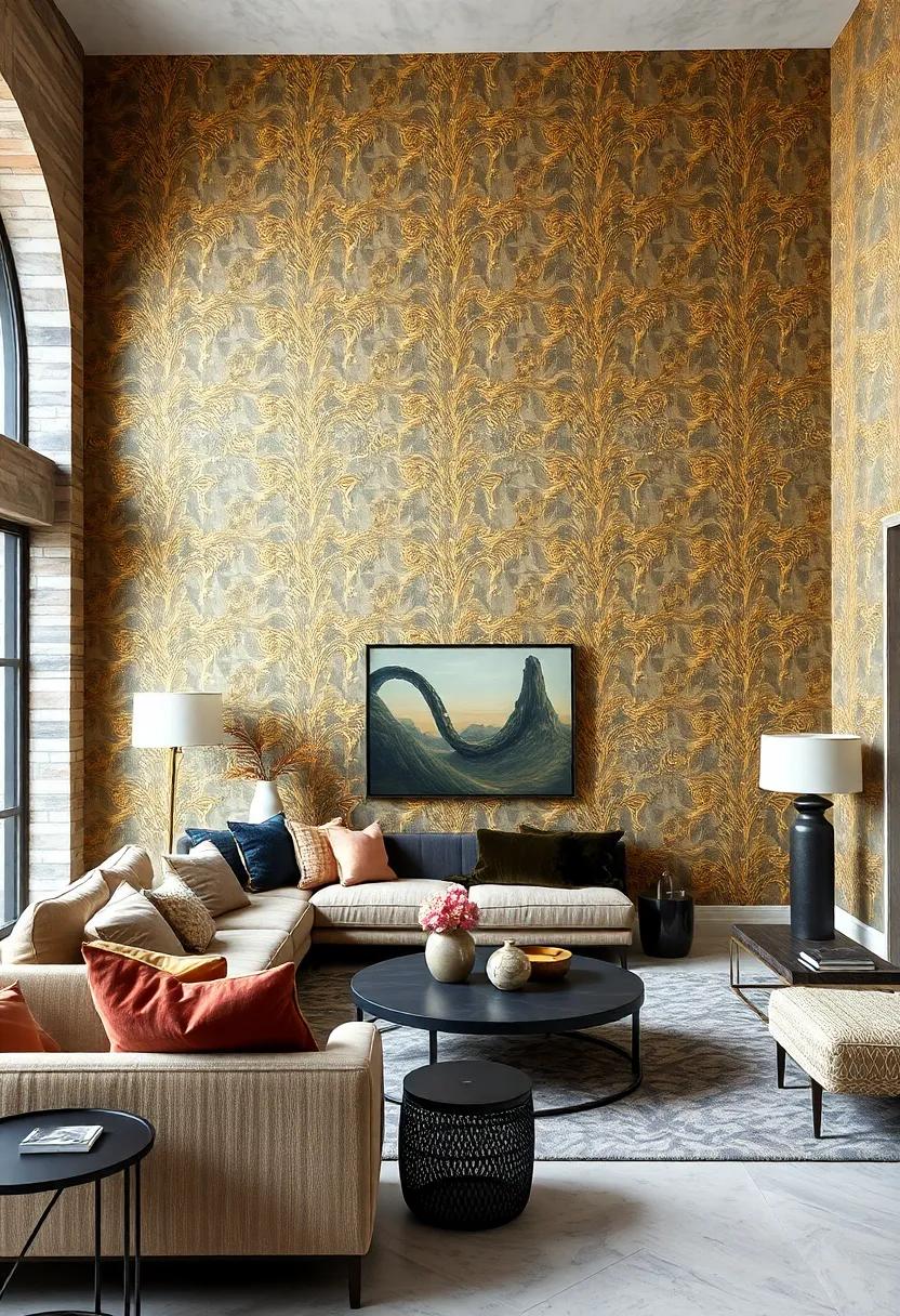 glamorous accents:‍ Metallic gold-embroidered velvet wallpaper adds a touch of glam, elevating ‌simple ‌furniture and art pieces into show-stopping focal points