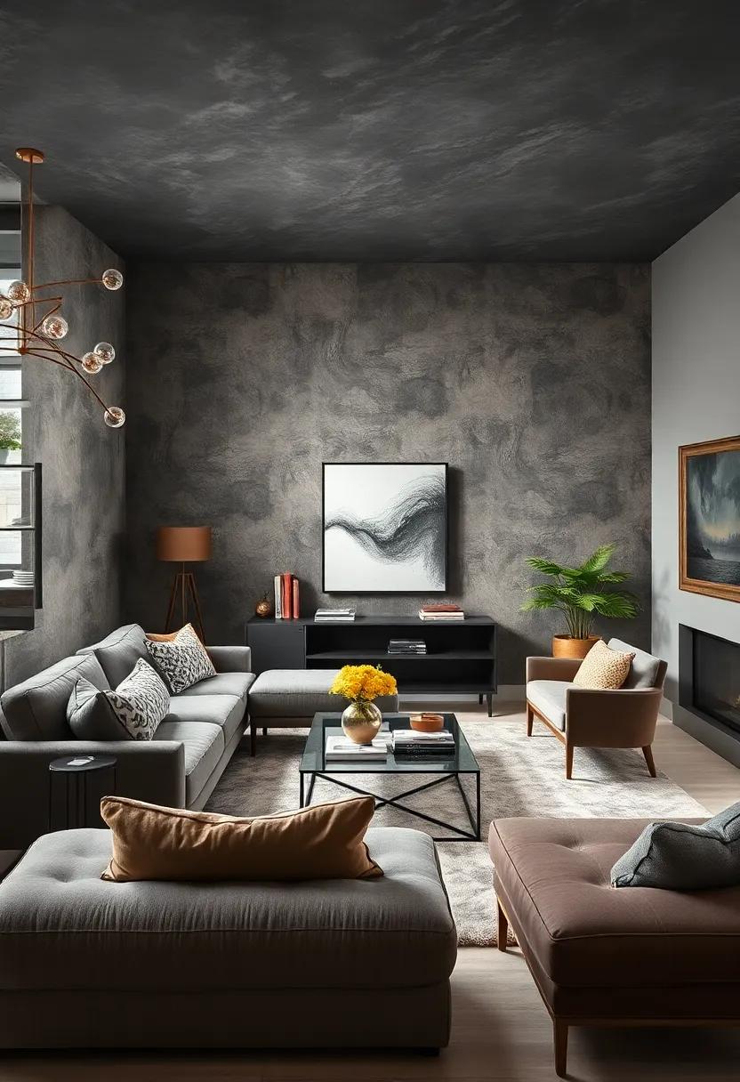 Urban Cool: A charcoal gray velvet wallpaper caters to contemporary living rooms, offering a sleek ⁢backdrop⁤ for modern décor and artwork