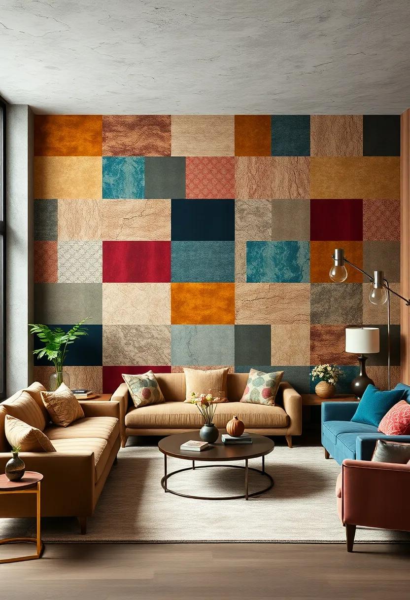 Eclectic Charm: Layered colors and textures in a velvet ⁢patchwork wallpaper bring ‍a curated,​ eclectic look, ideal for those who⁣ love personal style